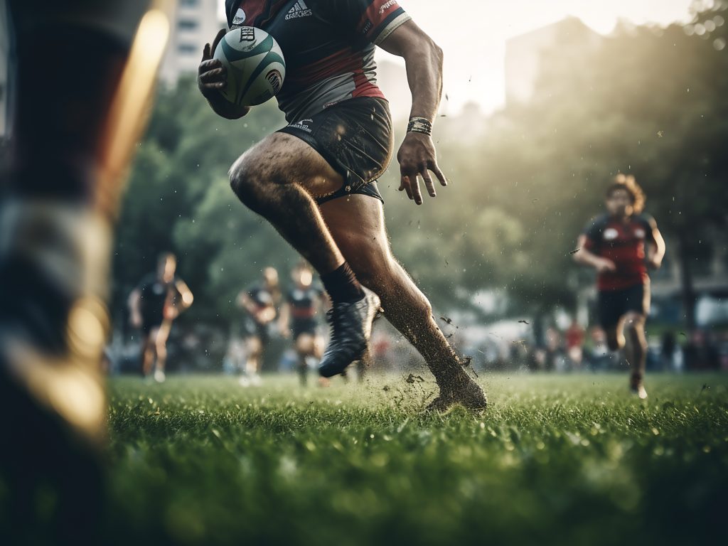 rugby player kicking ball score grass field blur motion game practice rugby player kicking ball score grass field blur motion game practice