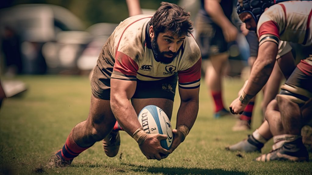 rugby player in possession of the ball and attempting to advance. generative ai rugby player in possession of the ball and attempting to advance. generative ai